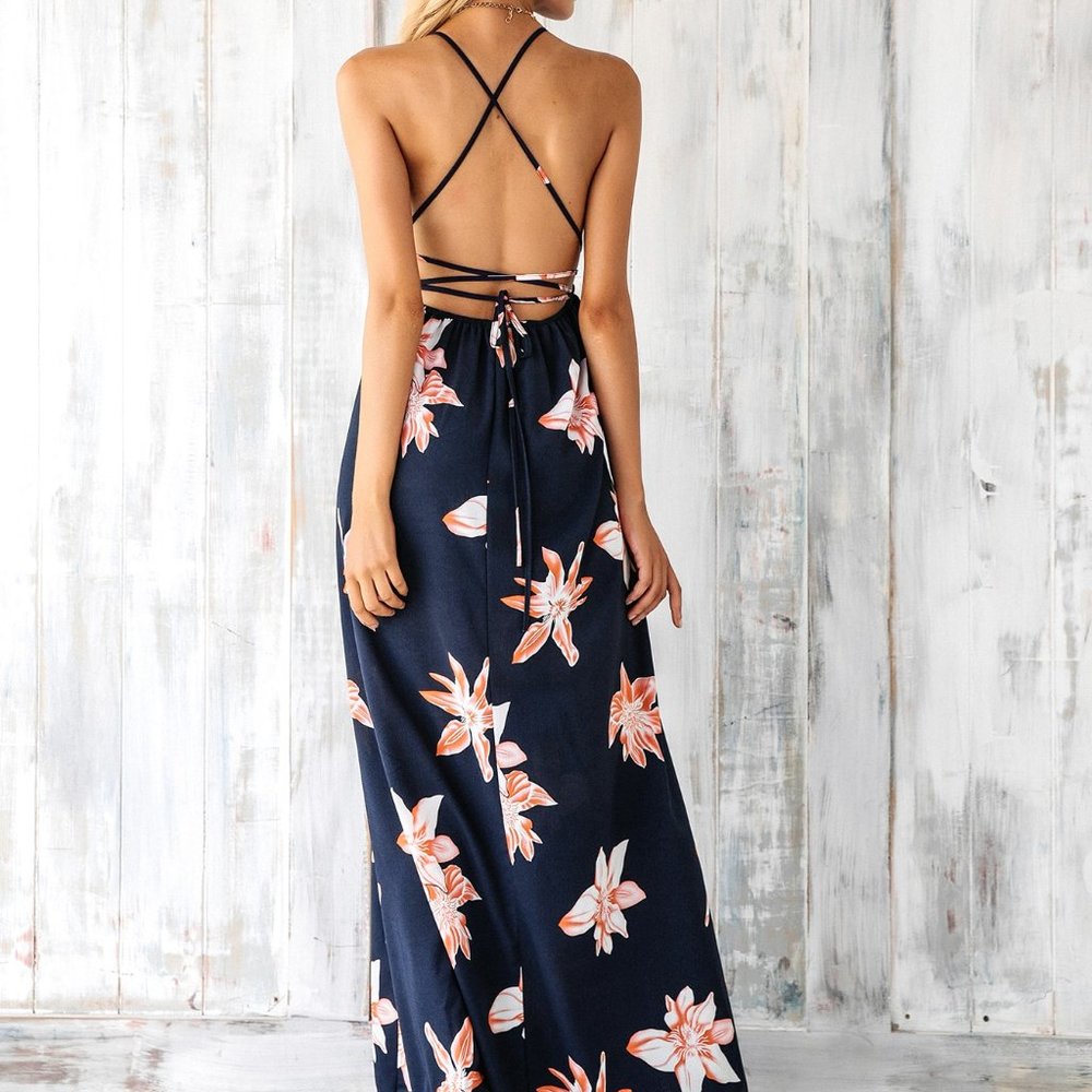 New Floral Lace-Up Maxi Dress Navy Blue - Picture 2 of 6